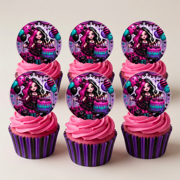 Cupcake mockup with purple-and-black striped wrappers, hot pink icing, and your acrylic toppers
