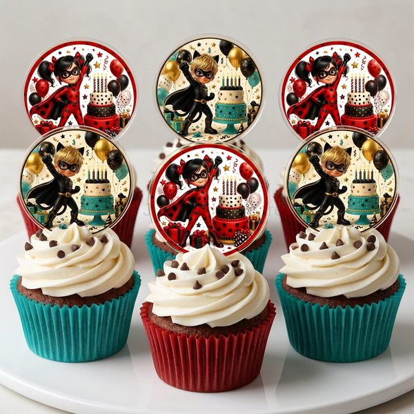 Cupcake mockup with teal wrappers for Cat Noir and red wrappers for Ladybug
