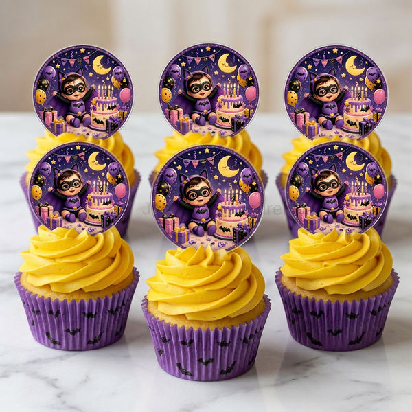 Cupcake mockup with yellow icing, purple bat wrappers, and your acrylic toppers