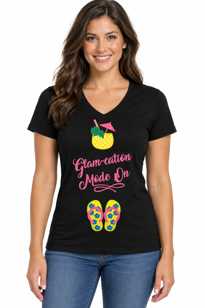 Realistic Glam-cation Mode On black V-neck shirt mockup