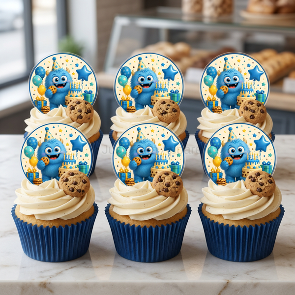 Six-cupcake mockup with blue wrappers and birthday monster acrylic toppers