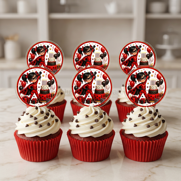 Six-cupcake mockup with red wrappers, white icing, chocolate chips, and uploaded artwork on acrylic toppers