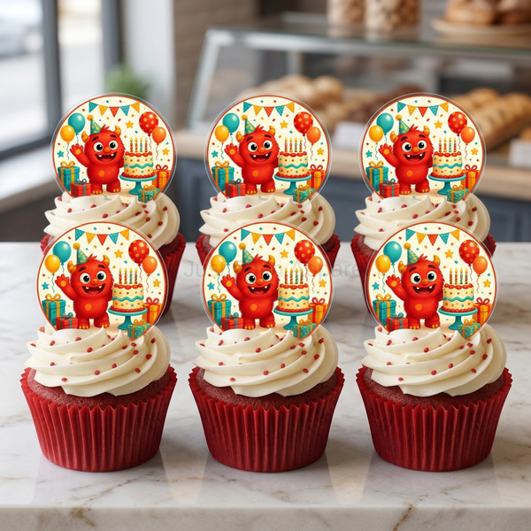 Six-cupcake mockup with red wrappers, white icing, red confetti, and red monster acrylic toppers