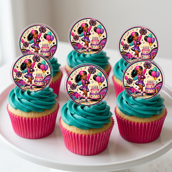 Six-cupcake mockup with teal icing, hot pink wrappers, and acrylic toppers using your artwork