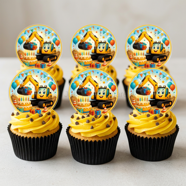 Six-cupcake mockup with yellow icing, chocolate chips, black wrappers, and excavator artwork acrylic toppers