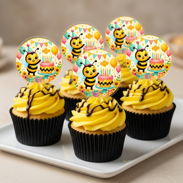 Six-cupcake mockup with yellow icing, chocolate drizzle, black wrappers, and bee-artwork acrylic toppers