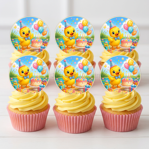 Six-cupcake mockup with yellow icing, pink wrappers, and duck-artwork acrylic toppers