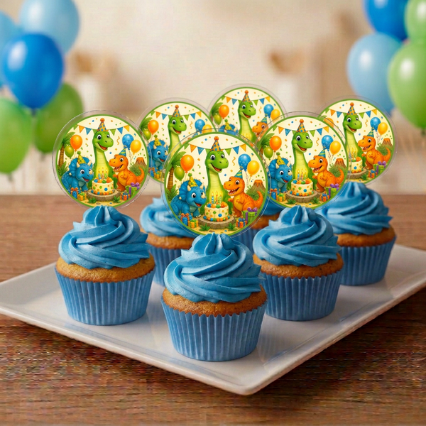 Six cupcakes with blue icing and dinosaur artwork acrylic toppers
