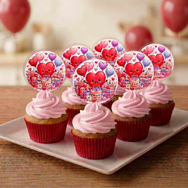 Six cupcakes with light pink icing, red wrappers, and acrylic toppers with softly blurred red balloons in the background