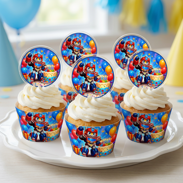 Six cupcakes with matching robot wrappers and acrylic toppers