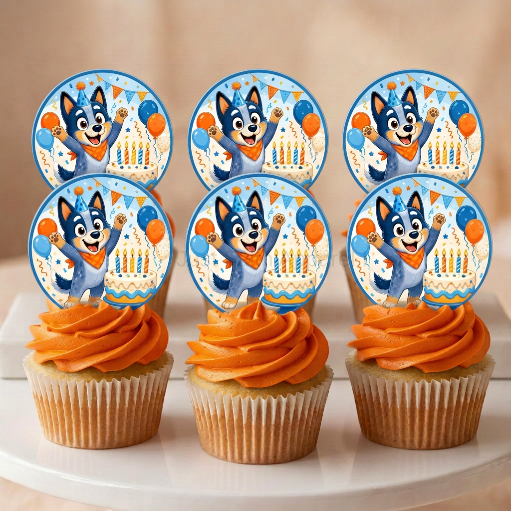 Six cupcakes with orange icing and puppy acrylic toppers