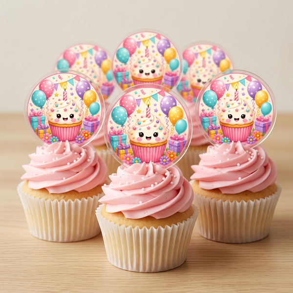 Six cupcakes with pink icing, white wrappers, white sprinkles, and acrylic toppers of the uploaded birthday cupcake artwork