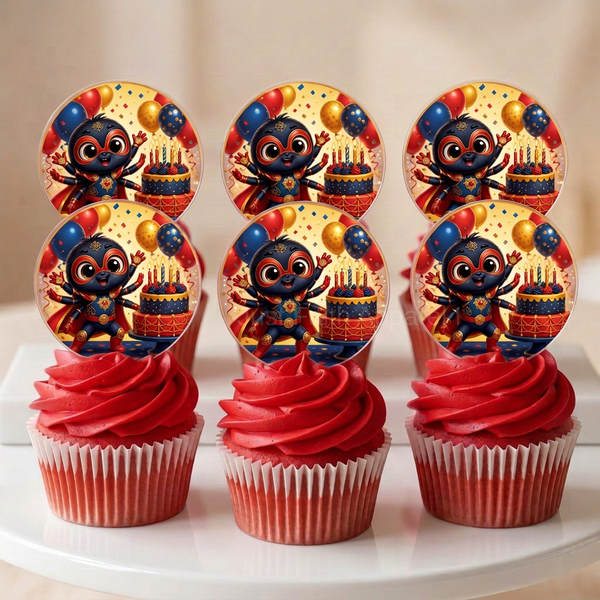 Six cupcakes with red icing and the same acrylic superhero toppers