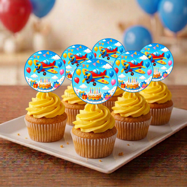 Six cupcakes with yellow icing, white wrappers, and airplane birthday toppers