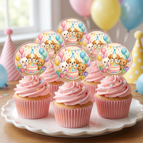 Six pink cupcakes with birthday artwork acrylic toppers and hidden stems