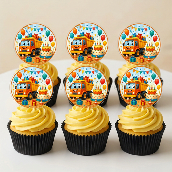 Updated cupcake mockup with black wrappers, yellow icing, no chocolate chips, and birthday truck toppers