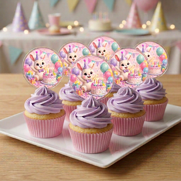 Vanilla cupcakes with pink ridged wrappers, lavender icing, and bunny toppers