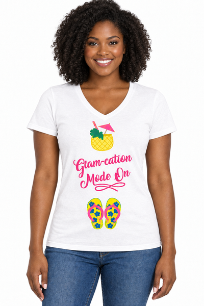 White Glam-cation shirt on an African American woman
