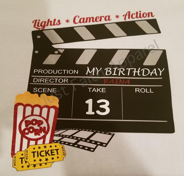 Ladies Personalized Movie Birthday Shirt Gift Popcorn Glitter